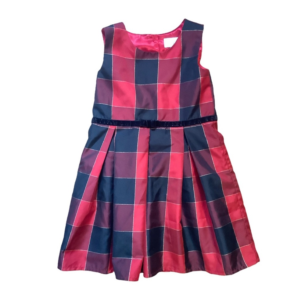 Christmas dress, sleeveless, pleated, black & red plaid, gold detail